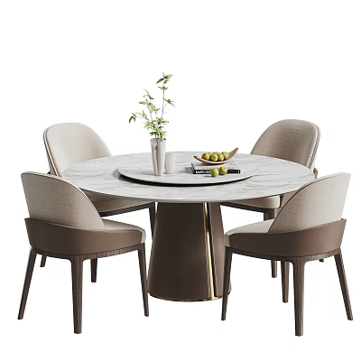 Modern Marble Dining Table And Beige Chairs With Potted Plant Fresh Fruits And Books 3d model