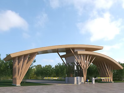 Wooden Arched Entrance Structure With Modern Design In Park Natural Surroundings 3d model