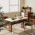 Modern Dining Table Set With Marble Top Wooden Legs Green Padded Chairs And Sideboard
