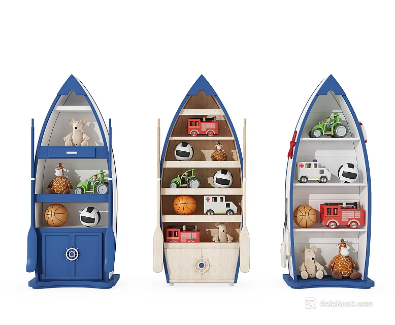 Three Boat Shaped Decorative Cabinets Blue White With Toys Cars Balls Animal Dolls 3d model 