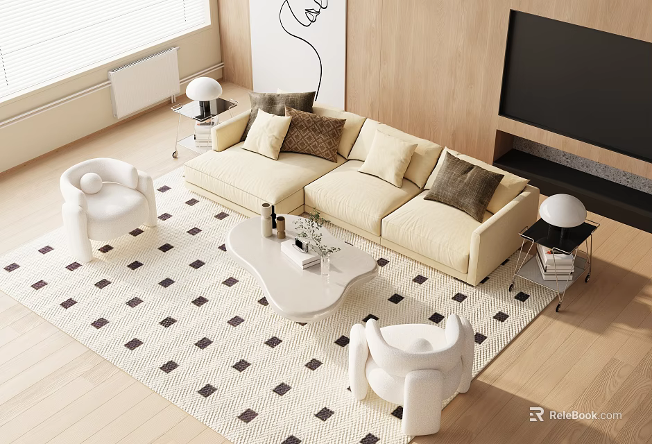 Modern Light Beige Sofa And White Coffee Table Combination With Throw Pillows And Patterned Rug 3d model 