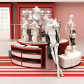 Clothing Store Interior Design With Mannequins Round Display Tables And Red White Decor