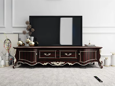 Elegant Classical Wooden TV Stand with Carved Details Drawers and Decorative Ornaments 3d model