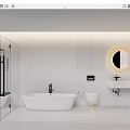 Modern Minimalist Bathroom Interior With White Bathtub Round Mirror And Glass Shower