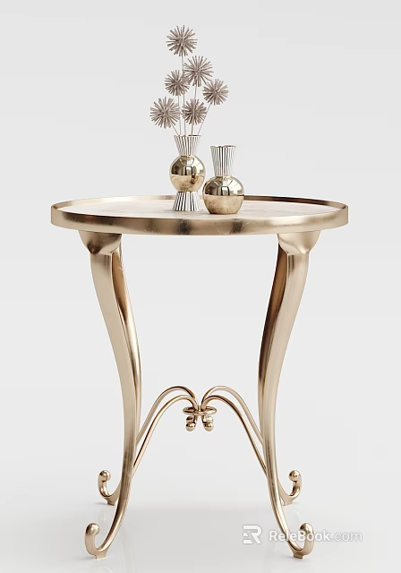 Golden Round Coffee Table With Curved Metal Legs And Decorative Vases 3d model 