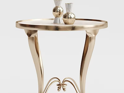 Golden Round Coffee Table With Curved Metal Legs And Decorative Vases 3d model