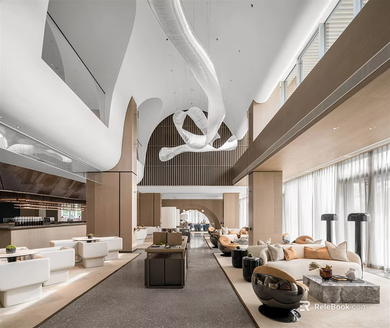 Modern Casual Lounge Area With Comfortable Sofas Stylish Pendant Lights And Large Windows 3d model