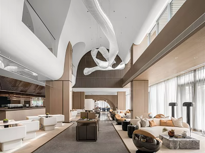 Modern Casual Lounge Area With Comfortable Sofas Stylish Pendant Lights And Large Windows 3d model