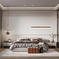 Modern Bedroom Interior With Checkered Quilt Pillows Bedside Table Vase Plants Strip Light Mirror