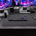 Modern Gaming Desk and Chair Set With Dual Monitors RGB PC Case City Night Backdrop