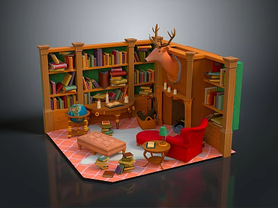 Cozy Wooden Library Nook Interior With Bookshelves Deer Head Red Armchair And Fireplace 3d model