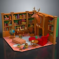 Cozy Wooden Library Nook Interior With Bookshelves Deer Head Red Armchair And Fireplace