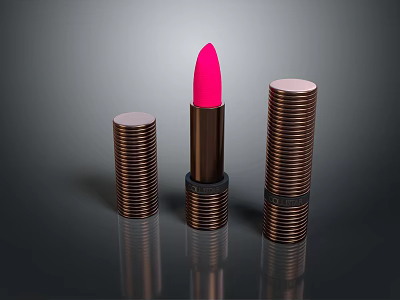 Elegant Cosmetics Display Three Copper Spiral Lipsticks With Open Pink Bullet 3d model