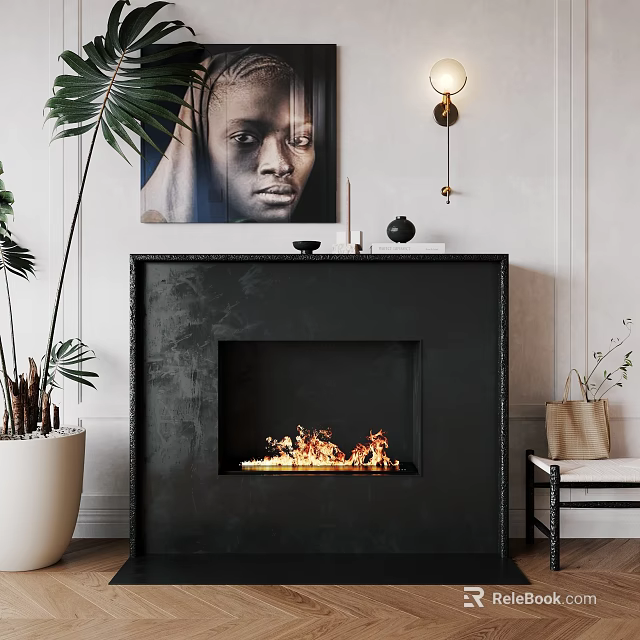 Modern Black Fireplace With Flames Indoor Plants And Wall Art 3d model 