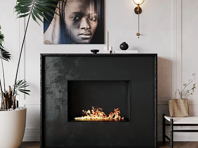 Modern Black Fireplace With Flames Indoor Plants And Wall Art 3d model