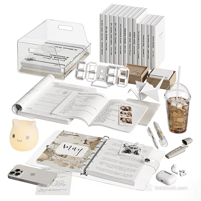 Elegant Tea Set with Transparent Storage Box Notebooks and Cat Shaped Lamp for Home Desk 3d model 