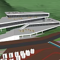 Modern School Building With Geometric White Structure Green Hillside And Open Square