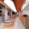 Sweet Dessert Shop With Glass Display Case Pastries Orange Walls And Bright Lighting