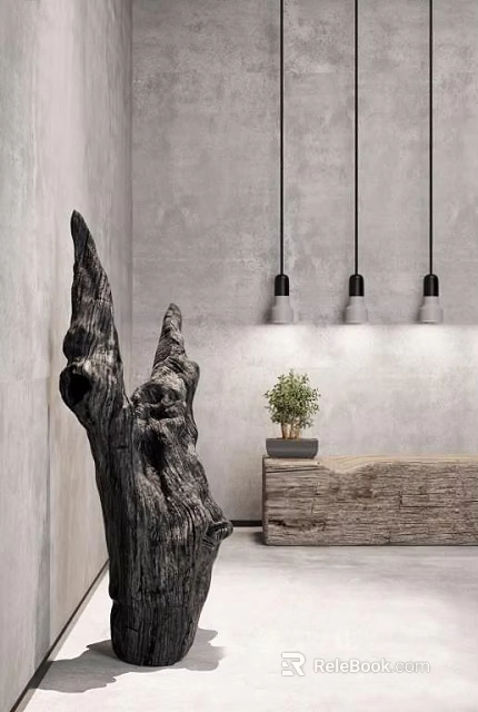 Decorative Ornament Set Featuring Wooden Stump Sculpture Small Potted Plant And Hanging Pendant Lights 3d model 