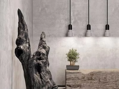 Decorative Ornament Set Featuring Wooden Stump Sculpture Small Potted Plant And Hanging Pendant Lights 3d model