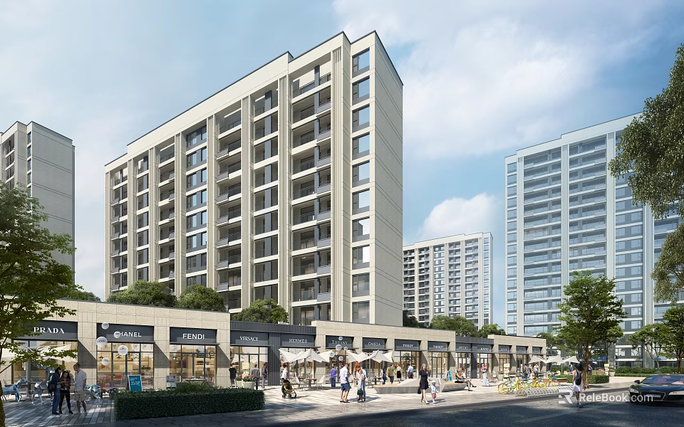 Vibrant Urban Commercial Street With Modern Multi Story Buildings Retail Shops Sidewalk Greenery And Pedestrians 3d model 