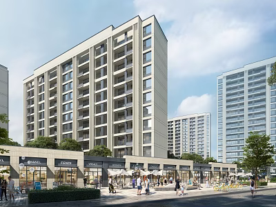 Vibrant Urban Commercial Street With Modern Multi Story Buildings Retail Shops Sidewalk Greenery And Pedestrians 3d model