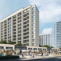 Vibrant Urban Commercial Street With Modern Multi Story Buildings Retail Shops Sidewalk Greenery And Pedestrians