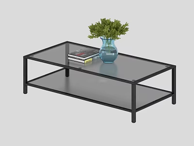 Office Interior Glass Coffee Table Black Frame Two Tiers Blue Vase Green Plants And Books 3d model