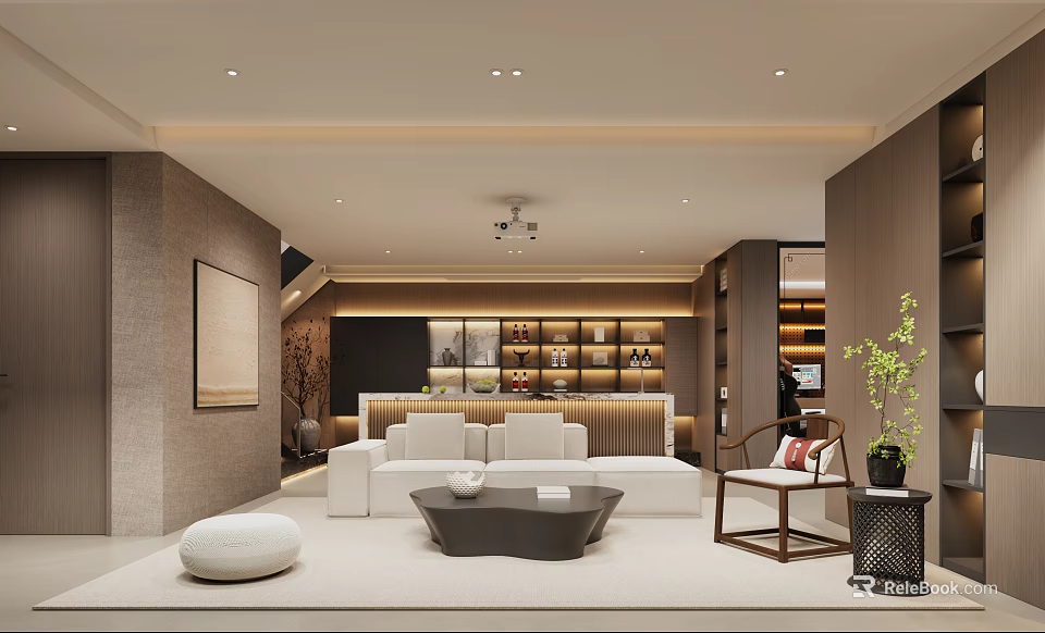 Warm Neutral New Chinese Style Living Room With Cozy Sofa And Well Lit Display Cabinets 3d model 