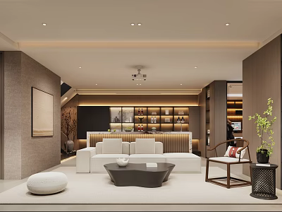 Warm Neutral New Chinese Style Living Room With Cozy Sofa And Well Lit Display Cabinets 3d model