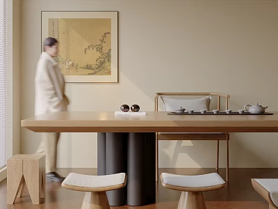 Minimalist Tea Table And Chairs Set With Ceramic Teacups And Wooden Stools 3d model