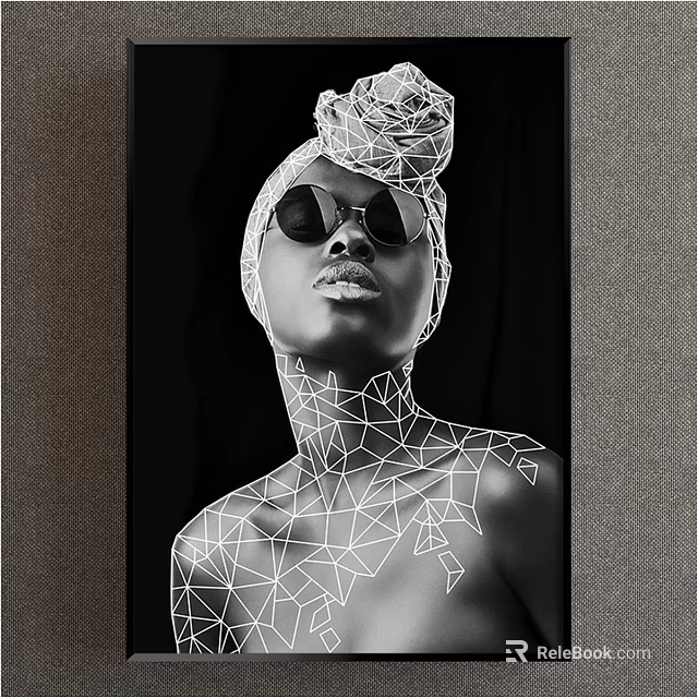 Black and White Female Portrait With Braided Updo Sunglasses Geometric Lines And Dark Background 3d model 