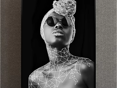 Black and White Female Portrait With Braided Updo Sunglasses Geometric Lines And Dark Background 3d model