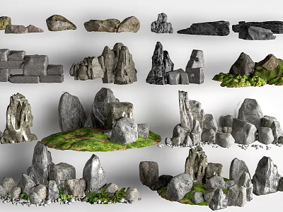 Natural Decorative Stone and Wood Elements for Landscape with Various Rock Shapes and Grass 3d model