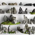 Natural Decorative Stone and Wood Elements for Landscape with Various Rock Shapes and Grass