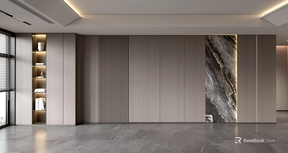 Modern Living Room Sofa Background Wall Design With Wooden Slats And Marble Accent 3d model 