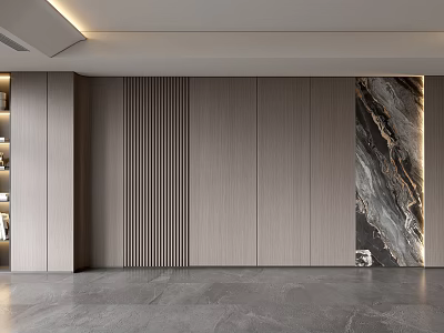 Modern Living Room Sofa Background Wall Design With Wooden Slats And Marble Accent 3d model