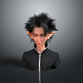 Elf Character With Spiky Black Hair Pointed Ears And Black High Collar Outfit With Zipper