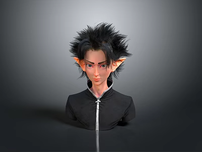 Elf Character With Spiky Black Hair Pointed Ears And Black High Collar Outfit With Zipper 3d model