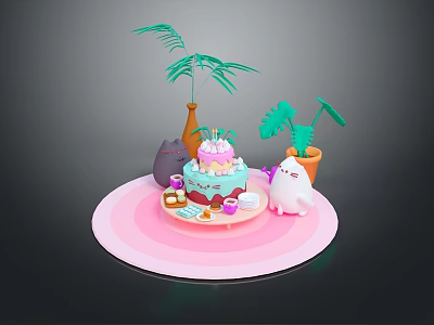 Festive Birthday Cake With Small Desserts Adorable Stuffed Animals On Pink Plate And Decorative Plants 3d model