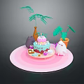 Festive Birthday Cake With Small Desserts Adorable Stuffed Animals On Pink Plate And Decorative Plants