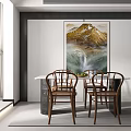 Modern Restaurant Interior With Round Dining Table Wooden Chairs And Mountain Landscape Painting