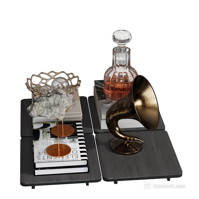 Decorative Ornament Combination With Glass Perfume Bottle Brass Gramophone Horn Woven Bowl And Stacked Books 3d model 