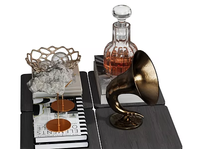 Decorative Ornament Combination With Glass Perfume Bottle Brass Gramophone Horn Woven Bowl And Stacked Books 3d model