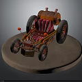 Vintage Car with Orange Barrel Body Red Striped Seat Large Black Wheels on Circular Stand