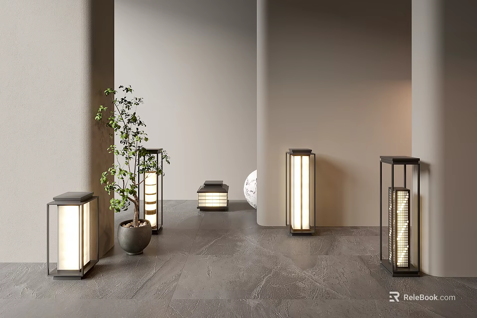 Illuminated Modern Outdoor Lights With Black Frames And Transparent Shades By Green Plant 3d model 