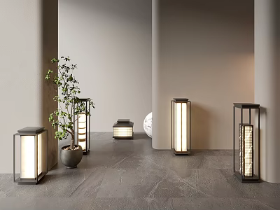 Illuminated Modern Outdoor Lights With Black Frames And Transparent Shades By Green Plant 3d model