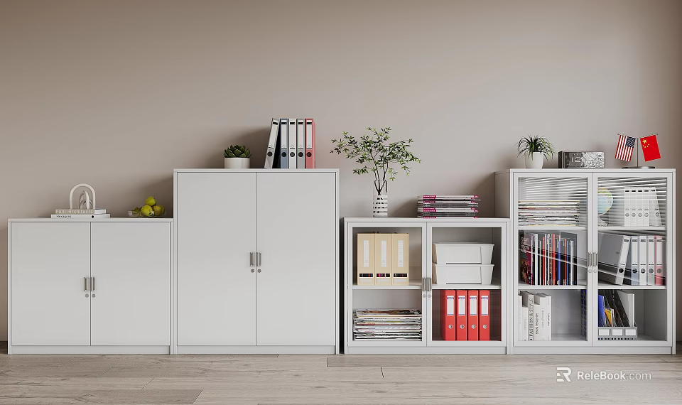 White Modern Bookcase With Cabinet Doors Open Shelves Books And Potted Plants 3d model 