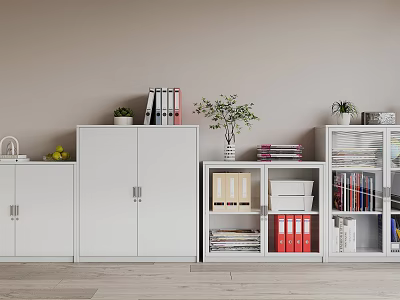 White Modern Bookcase With Cabinet Doors Open Shelves Books And Potted Plants 3d model