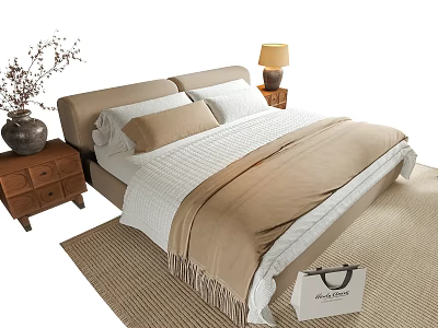 Beige White Double Bed with Pillows Quilt Bedside Tables Vase Lamp Woven Rug 3d model